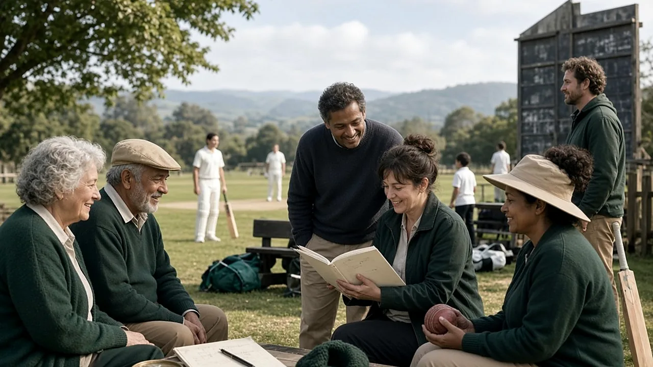 Illustrated intergenerational cricket community gathering