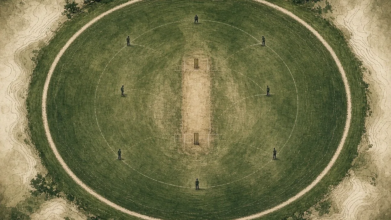 Illustrated top-down cricket field discussion