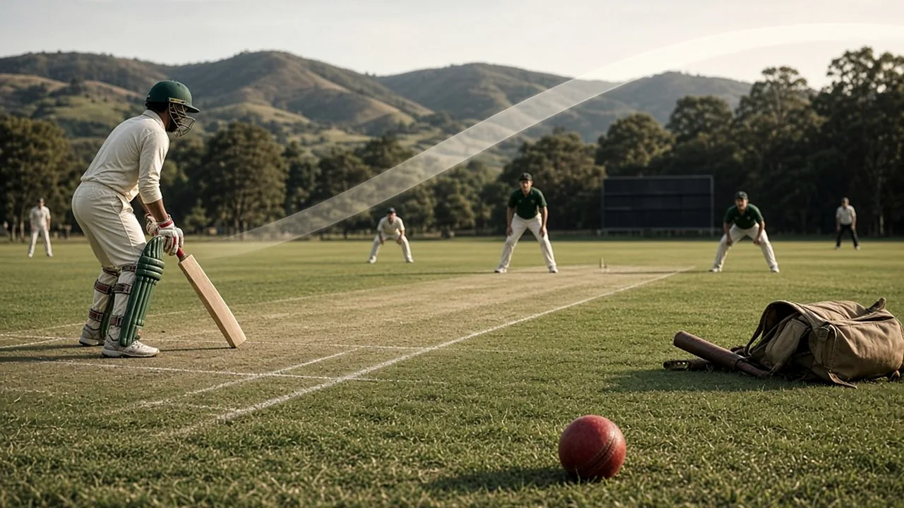 Illustrated community cricket activity on a green oval