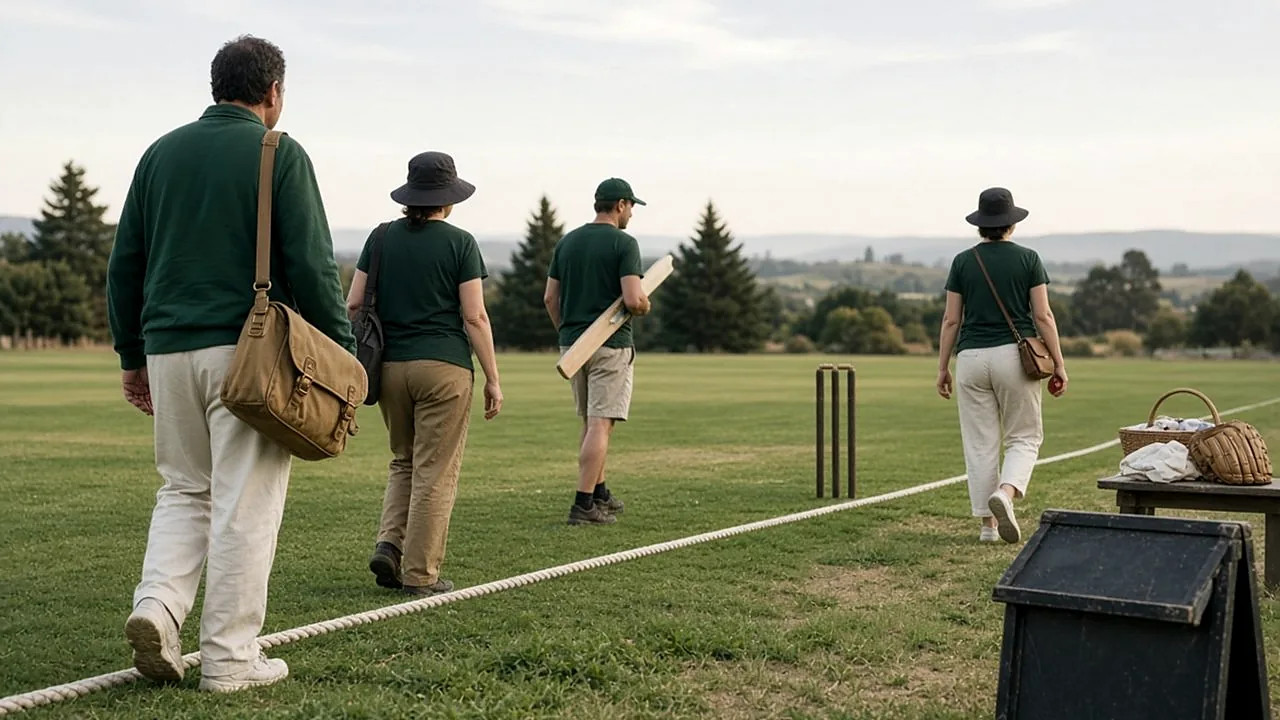 Illustrated community cricket volunteers checking a practice area